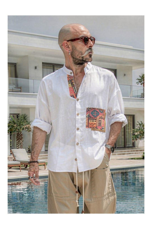 Sahara Soul™ - Linen Ethnic Pocket Shirt