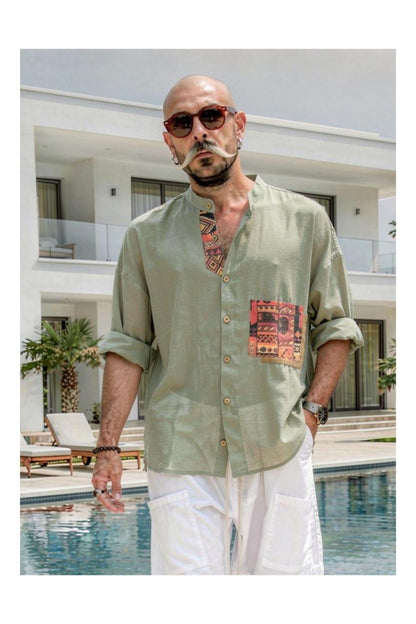 Sahara Soul™ - Linen Ethnic Pocket Shirt