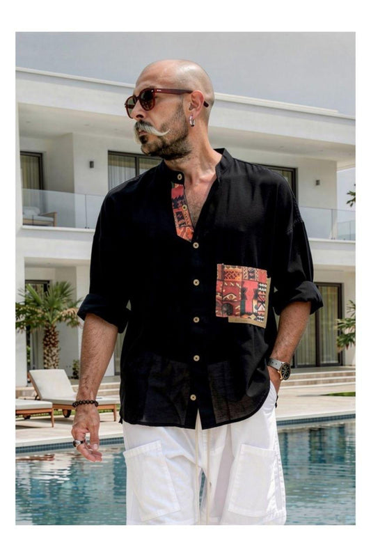 Sahara Soul™ - Linen Ethnic Pocket Shirt